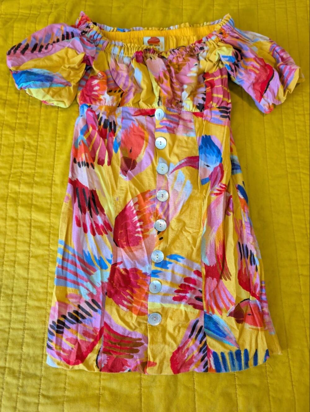 FARM Rio Yellow Multicolor Floral Off-Shoulder Button-Front Dress
